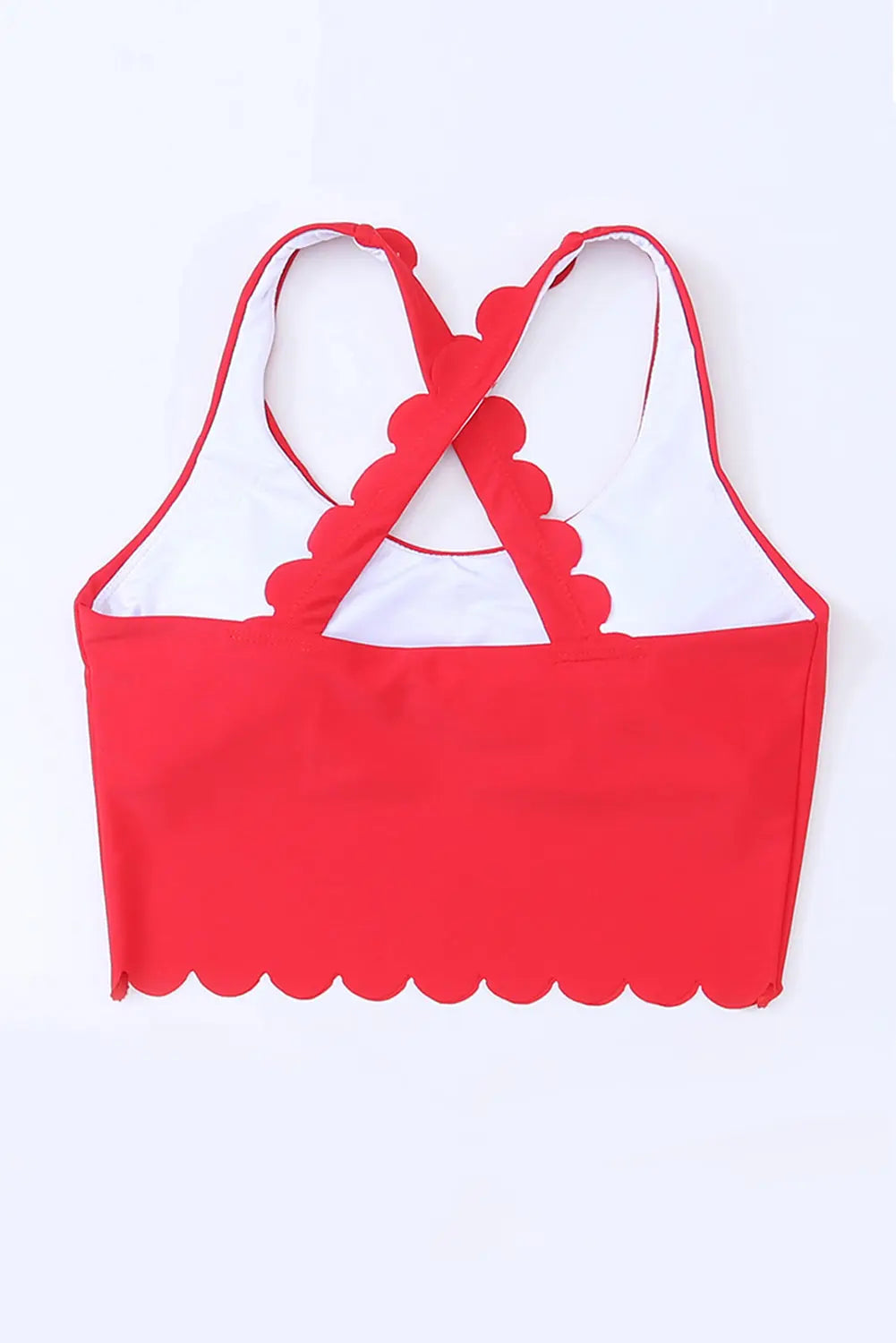 Blue Zone Planet | Fiery Red Scalloped Crossed Straps Cropped Bikini Top Blue Zone Planet