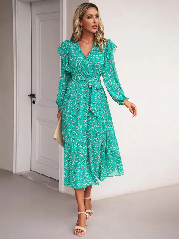 Blue Zone Planet | Floral V-neck Long Sleeve Dress BLUE ZONE PLANET