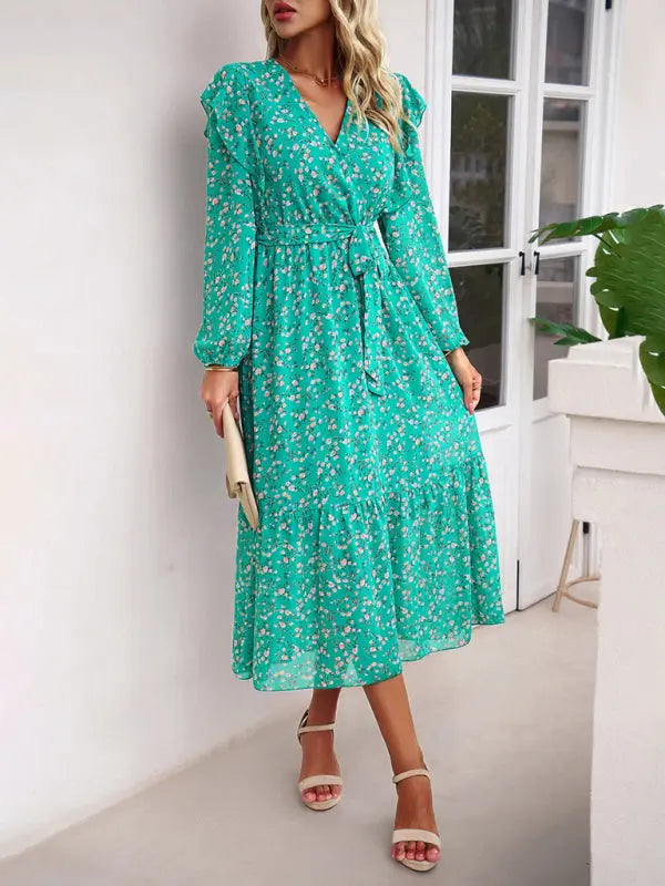 Blue Zone Planet | Floral V-neck Long Sleeve Dress BLUE ZONE PLANET
