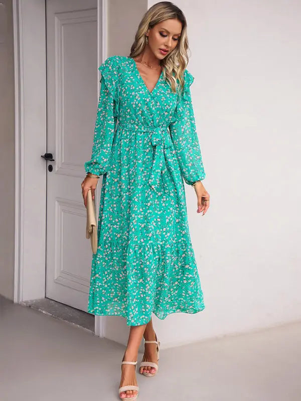 Blue Zone Planet | Floral V-neck Long Sleeve Dress BLUE ZONE PLANET