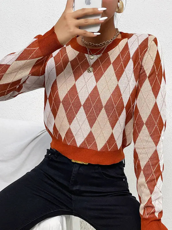 Blue Zone Planet | Foreign trade long-sleeved short rhombus sweater BLUE ZONE PLANET