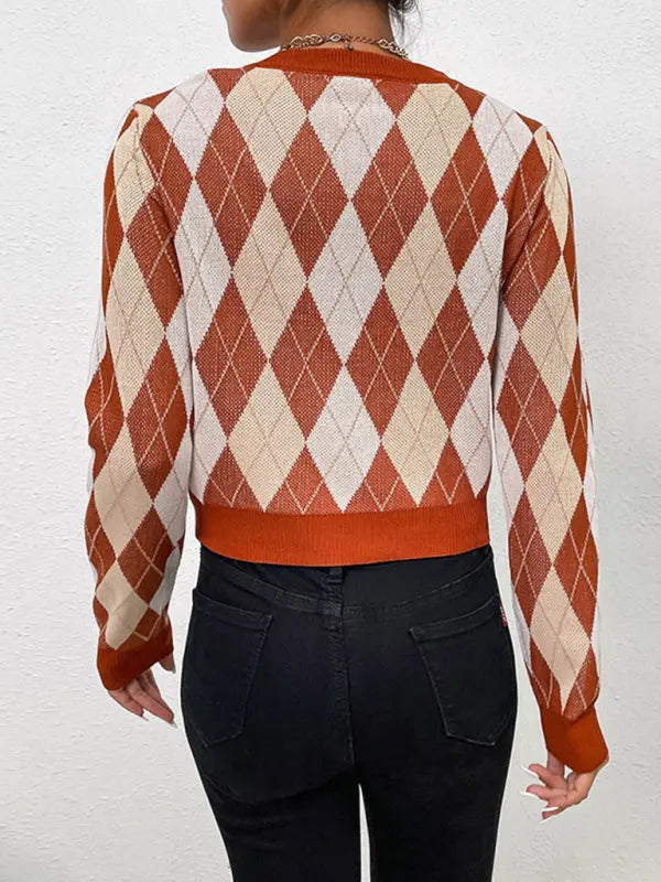 Blue Zone Planet | Foreign trade long-sleeved short rhombus sweater BLUE ZONE PLANET