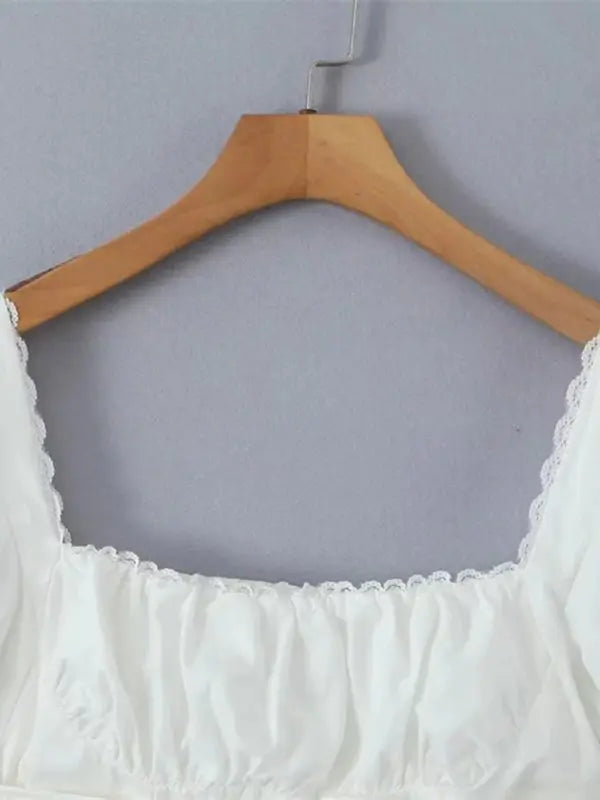 Blue Zone Planet | French retro square neck lace puff sleeves super short navel-baring hot girl shirt BLUE ZONE PLANET