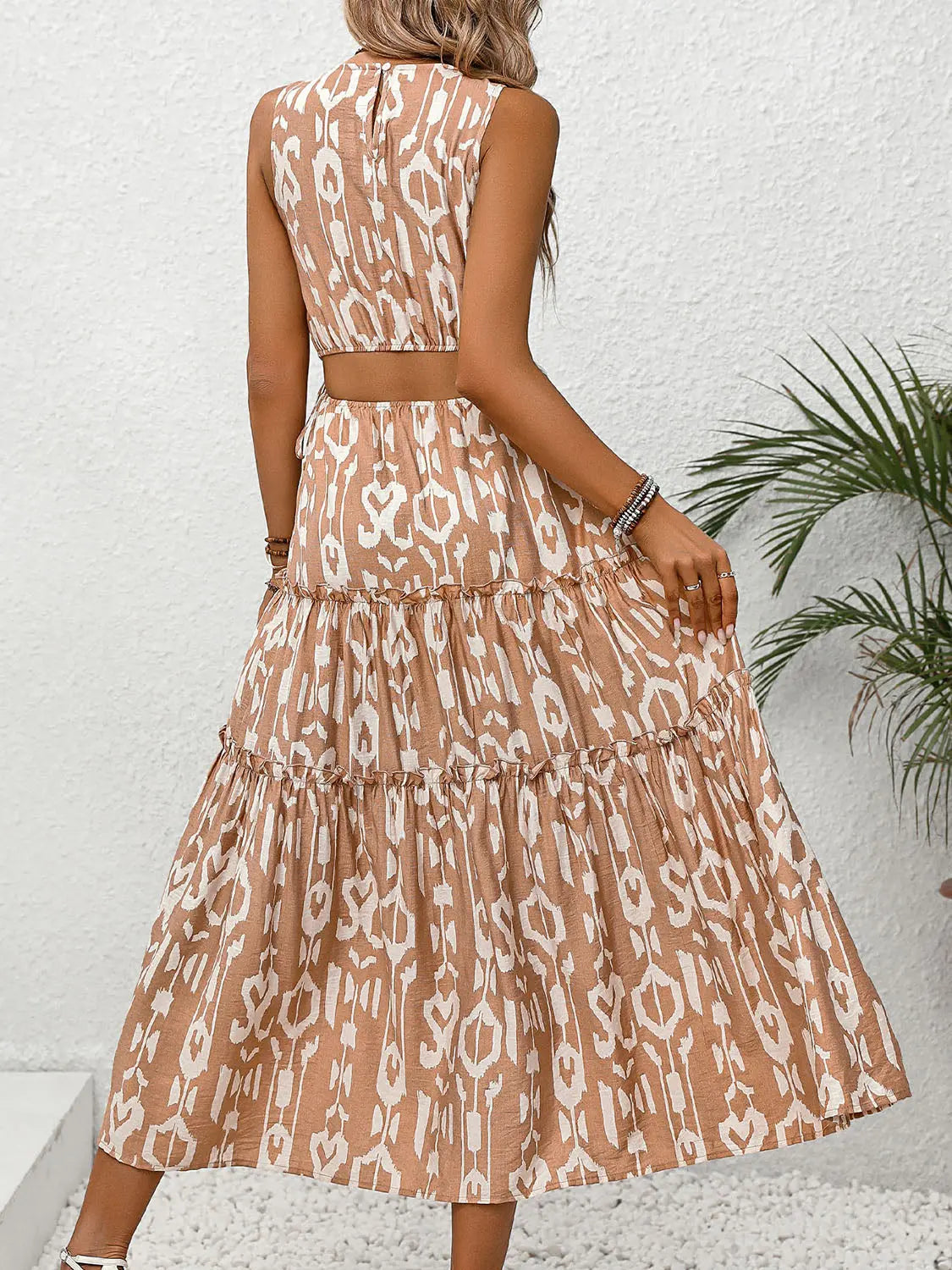 Blue Zone Planet | Frill Cutout Printed Round Neck Sleeveless Dress BLUE ZONE PLANET