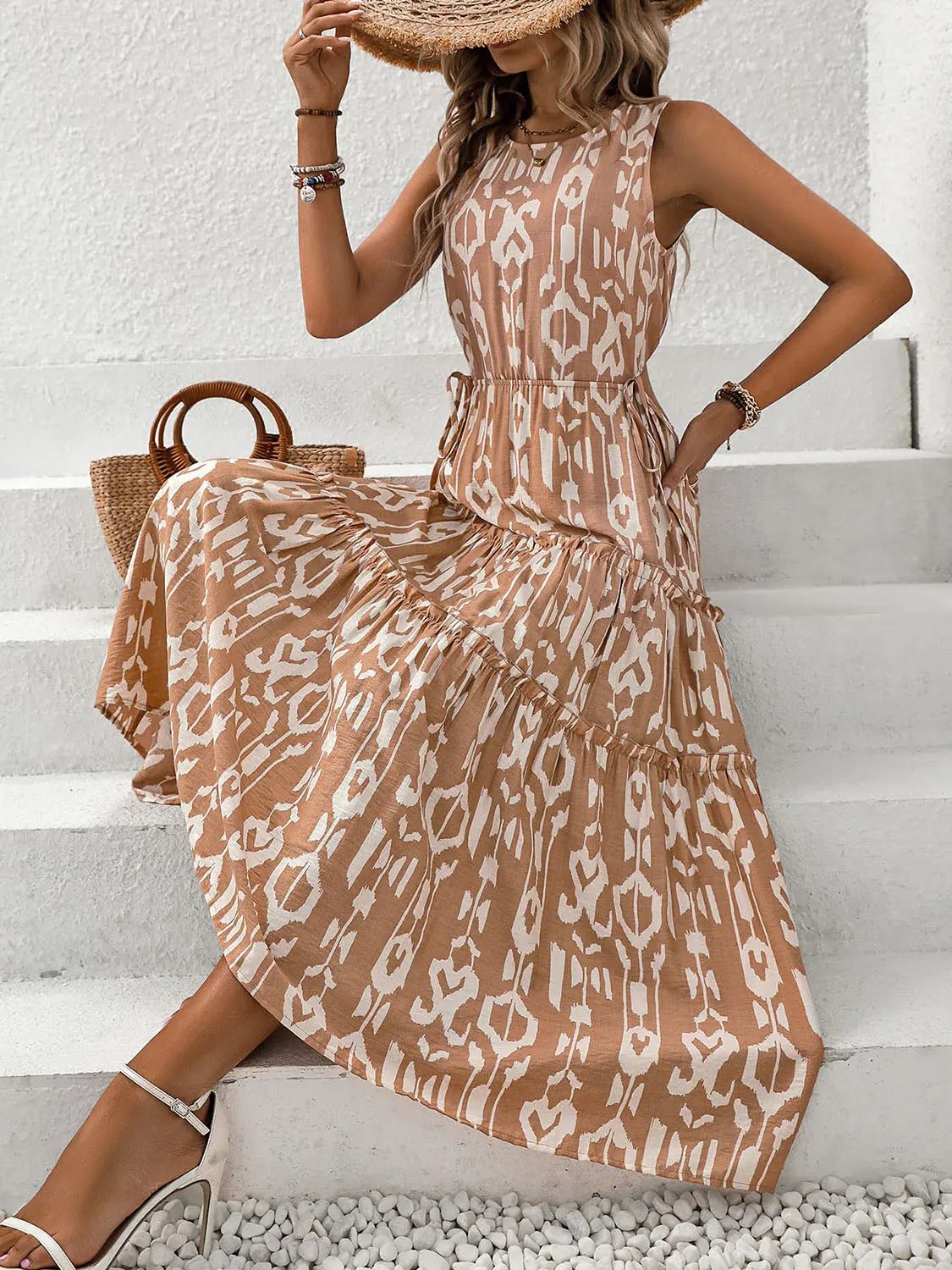 Blue Zone Planet | Frill Cutout Printed Round Neck Sleeveless Dress BLUE ZONE PLANET
