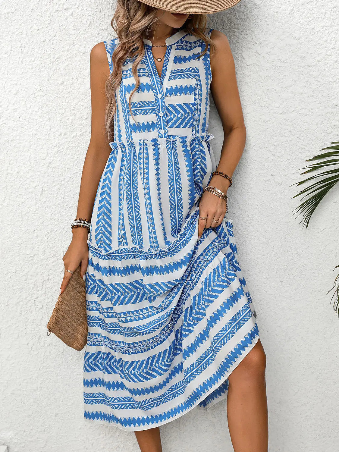Blue Zone Planet | Frill Printed Notched Sleeveless Dress BLUE ZONE PLANET