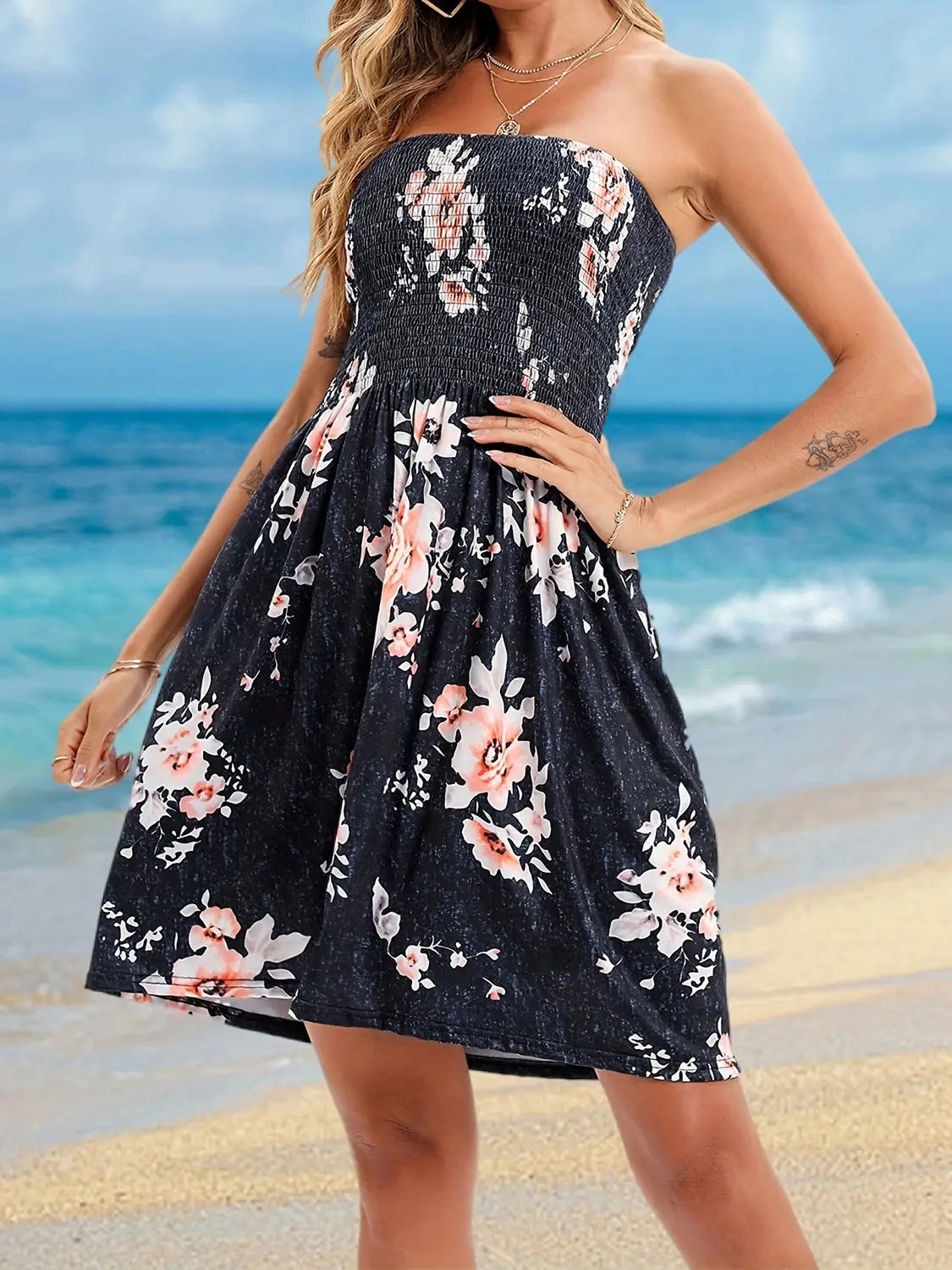 Blue Zone Planet | Full Size Smocked Printed Tube Mini Dress BLUE ZONE PLANET