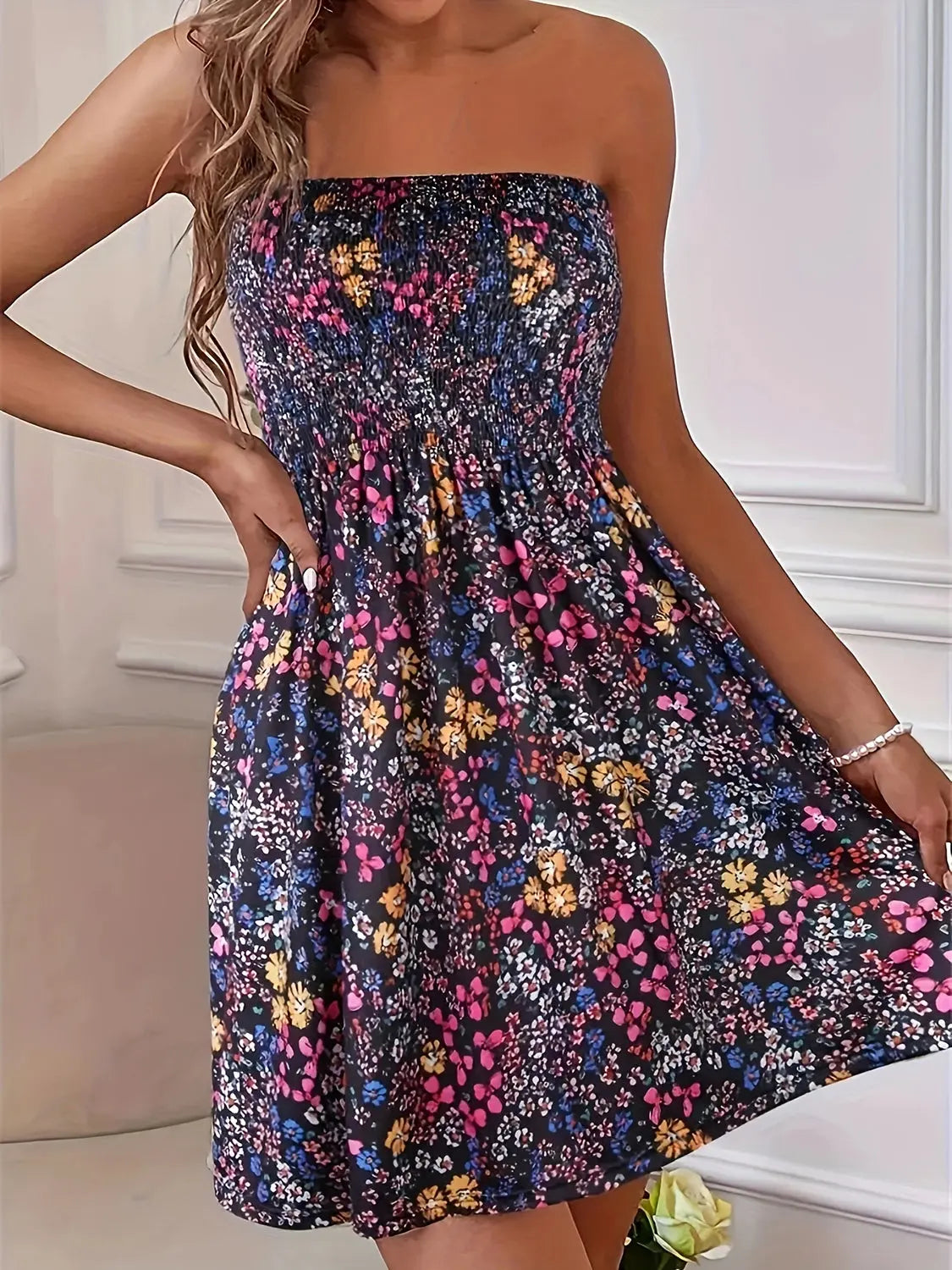 Blue Zone Planet | Full Size Smocked Printed Tube Mini Dress BLUE ZONE PLANET