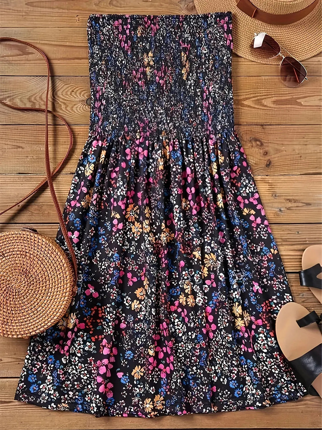 Blue Zone Planet | Full Size Smocked Printed Tube Mini Dress BLUE ZONE PLANET