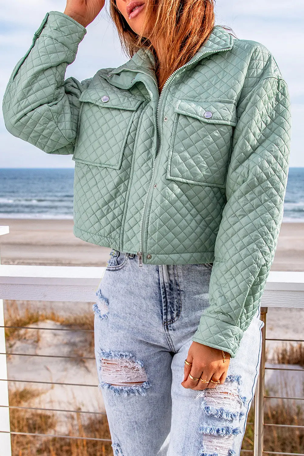 Blue Zone Planet | Green Quilted Pocketed Zip-up Cropped Jacket Blue Zone Planet