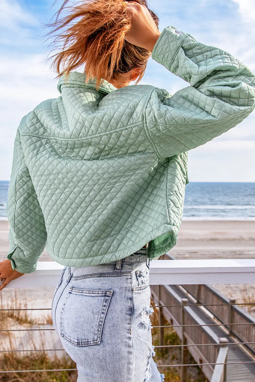 Blue Zone Planet | Green Quilted Pocketed Zip-up Cropped Jacket Blue Zone Planet