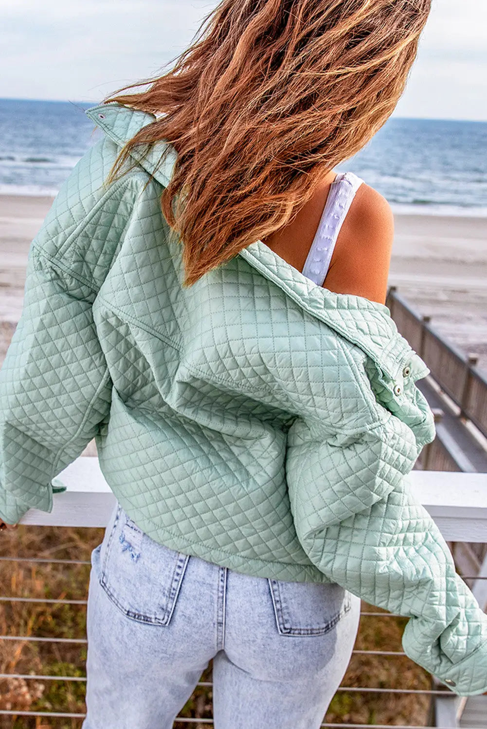 Blue Zone Planet | Green Quilted Pocketed Zip-up Cropped Jacket Blue Zone Planet
