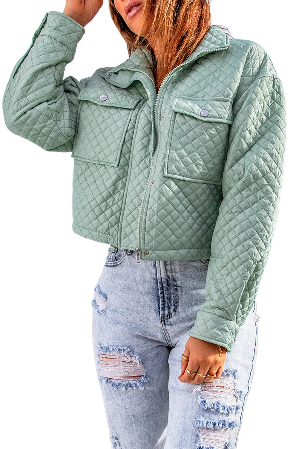 Blue Zone Planet | Green Quilted Pocketed Zip-up Cropped Jacket Blue Zone Planet