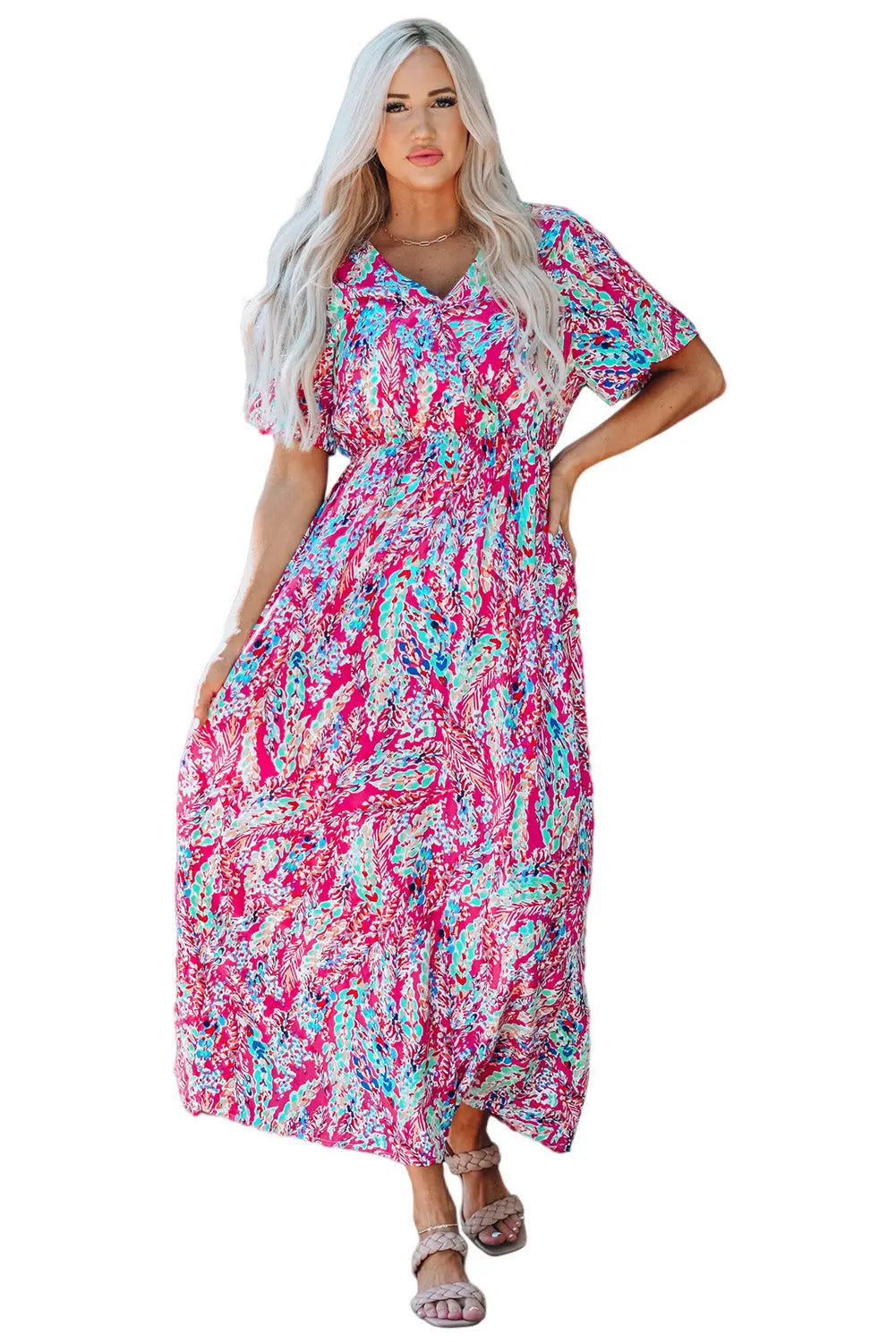 Blue Zone Planet | Green Wrap V Neck Floral Maxi Dress Blue Zone Planet