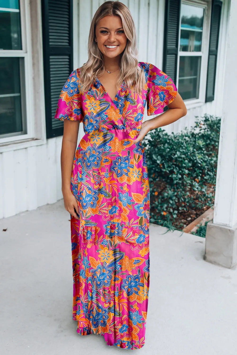 Blue Zone Planet | Green Wrap V Neck Floral Maxi Dress Blue Zone Planet