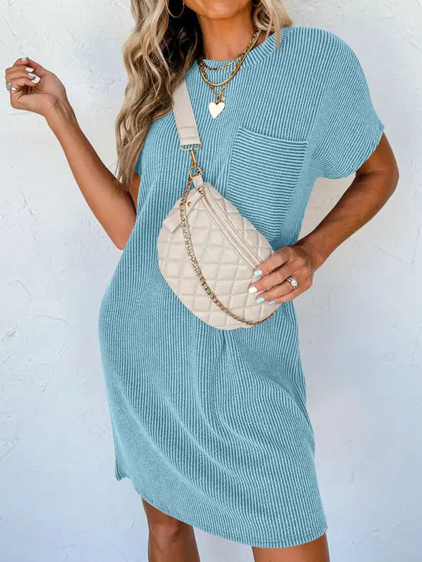 Blue Zone Planet |  Hazel's contrasting wavy striped short-sleeved pocket knee-high dress BLUE ZONE PLANET
