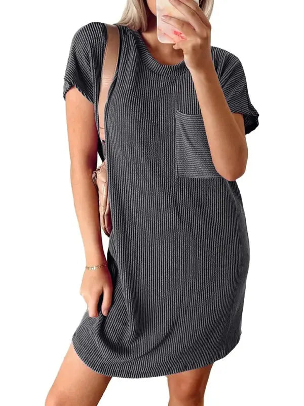 Blue Zone Planet | Hazel's contrasting wavy striped short-sleeved pocket knee-high dress BLUE ZONE PLANET