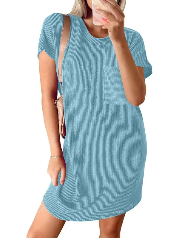 Blue Zone Planet |  Hazel's contrasting wavy striped short-sleeved pocket knee-high dress BLUE ZONE PLANET