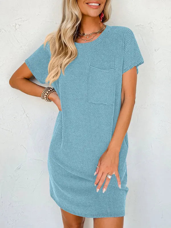 Blue Zone Planet |  Hazel's contrasting wavy striped short-sleeved pocket knee-high dress BLUE ZONE PLANET