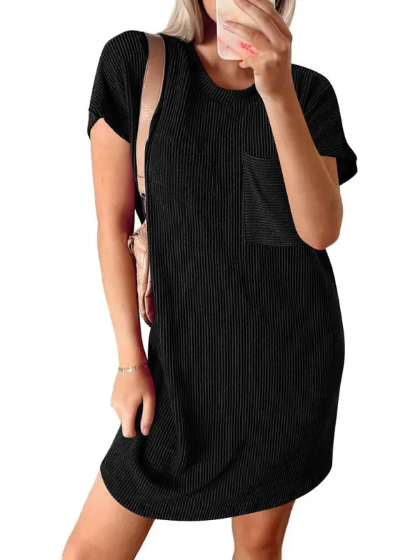 Blue Zone Planet |  Hazel's contrasting wavy striped short-sleeved pocket knee-high dress BLUE ZONE PLANET