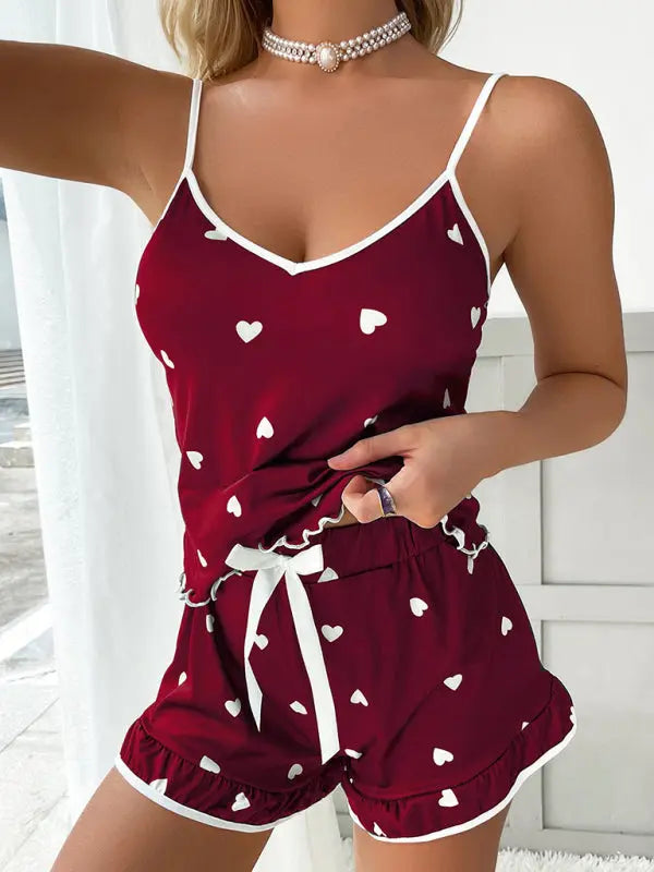 Blue Zone Planet | Heart Print Camisole + Shorts Pajamas Two-Piece Set BLUE ZONE PLANET