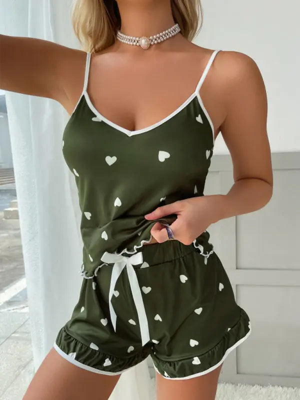 Blue Zone Planet | Heart Print Camisole + Shorts Pajamas Two-Piece Set BLUE ZONE PLANET