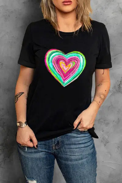 Blue Zone Planet | Heart Round Neck Short Sleeve T-Shirt BLUE ZONE PLANET