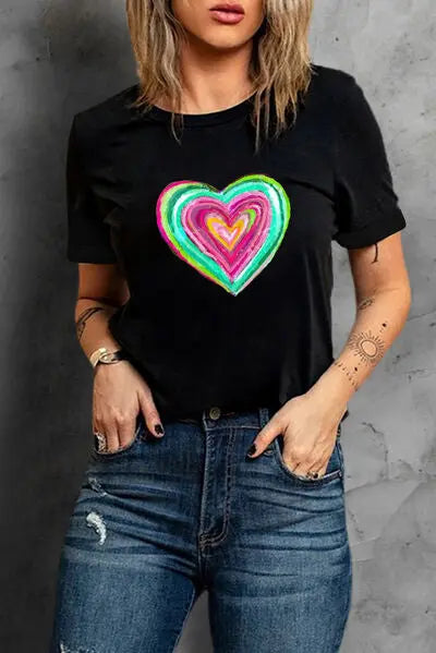 Blue Zone Planet | Heart Round Neck Short Sleeve T-Shirt BLUE ZONE PLANET