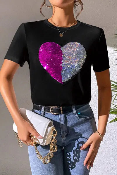 Blue Zone Planet | Heart Sequin Round Neck Short Sleeve T-Shirt BLUE ZONE PLANET