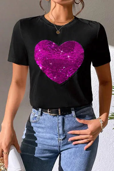 Blue Zone Planet | Heart Sequin Round Neck Short Sleeve T-Shirt BLUE ZONE PLANET