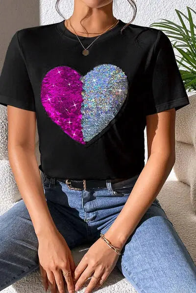 Blue Zone Planet | Heart Sequin Round Neck Short Sleeve T-Shirt BLUE ZONE PLANET