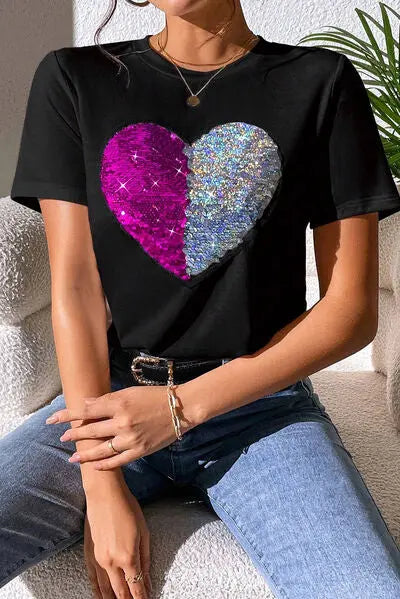 Blue Zone Planet | Heart Sequin Round Neck Short Sleeve T-Shirt BLUE ZONE PLANET