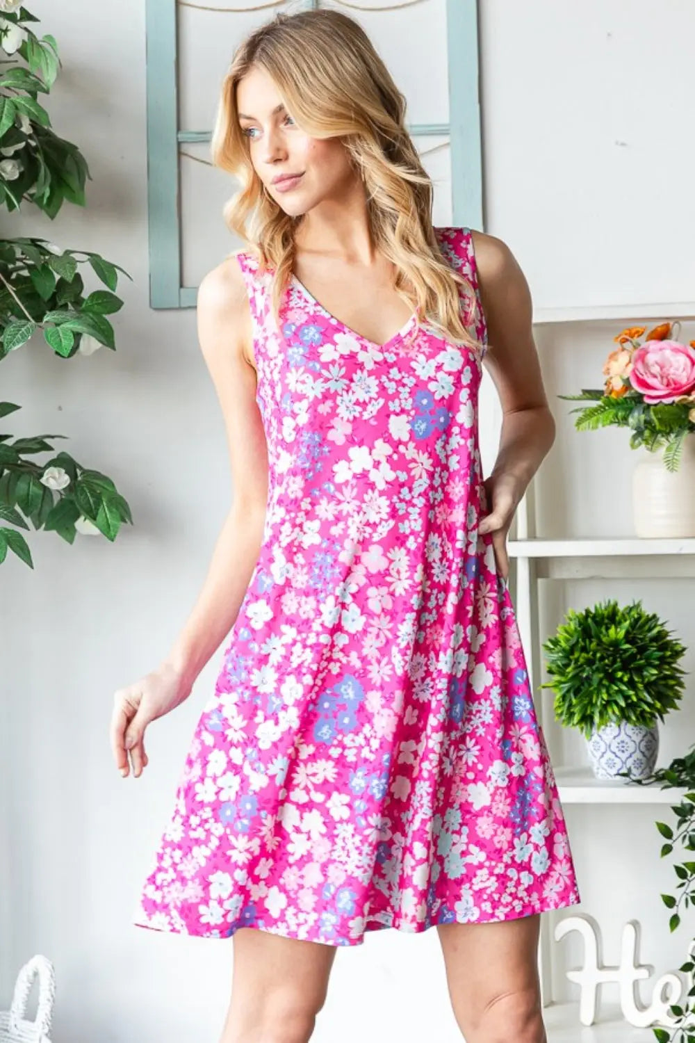 Blue Zone Planet | Heimish Full Size Floral V-Neck Tank Dress with Pockets BLUE ZONE PLANET