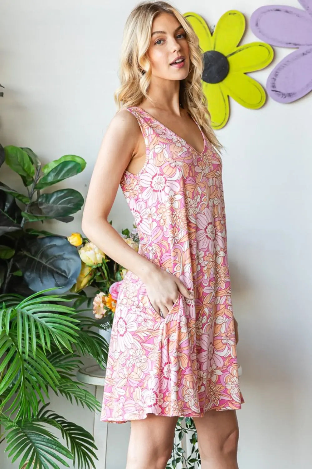 Blue Zone Planet | Heimish Full Size Floral V-Neck Tank Dress with Pockets BLUE ZONE PLANET