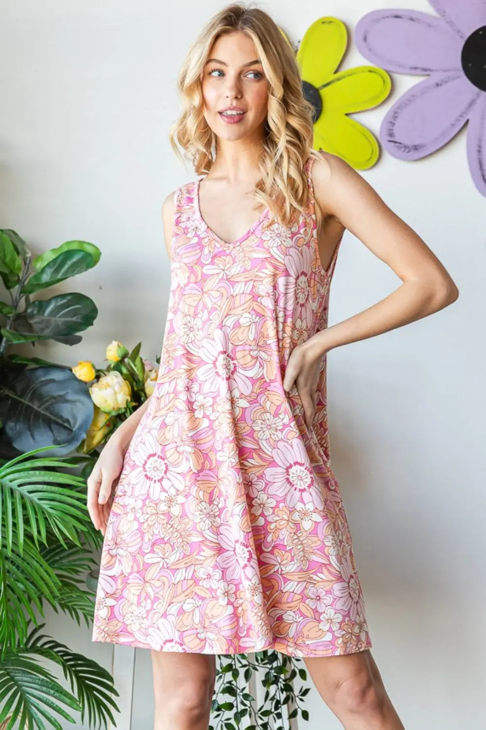 Blue Zone Planet | Heimish Full Size Floral V-Neck Tank Dress with Pockets BLUE ZONE PLANET