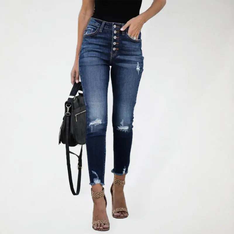 Blue Zone Planet | High Waist Retro Breasted Fringed Small Feet Elastic Ripped Jeans Trousers kakaclo