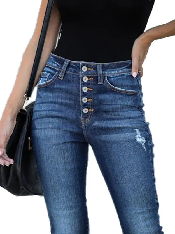 Blue Zone Planet | High Waist Retro Breasted Fringed Small Feet Elastic Ripped Jeans Trousers kakaclo