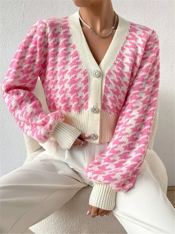 Blue Zone Planet | Houndstooth pattern lantern sleeve knitted cardigan sweater short coat BLUE ZONE PLANET