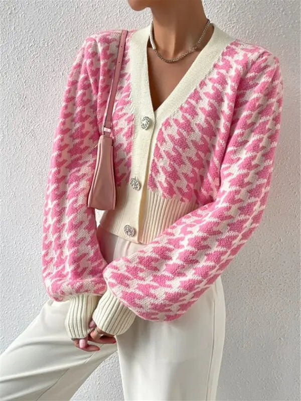 Blue Zone Planet | Houndstooth pattern lantern sleeve knitted cardigan sweater short coat BLUE ZONE PLANET