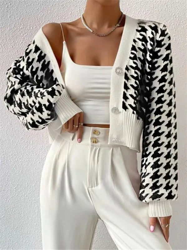 Blue Zone Planet | Houndstooth pattern lantern sleeve knitted cardigan sweater short coat BLUE ZONE PLANET