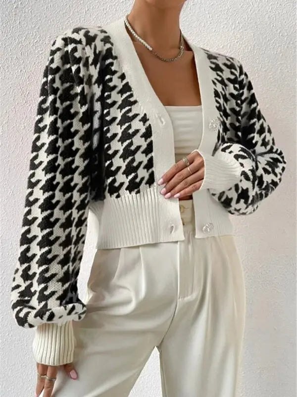 Blue Zone Planet | Houndstooth pattern lantern sleeve knitted cardigan sweater short coat BLUE ZONE PLANET
