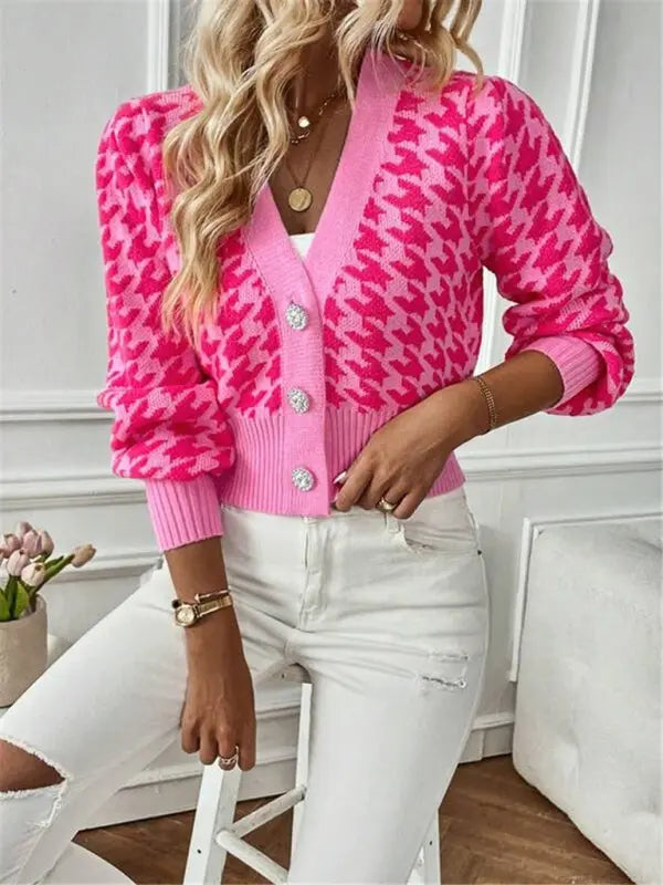 Blue Zone Planet | Houndstooth pattern lantern sleeve knitted cardigan sweater short coat BLUE ZONE PLANET