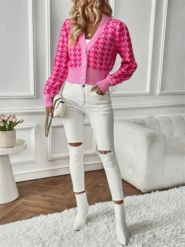 Blue Zone Planet | Houndstooth pattern lantern sleeve knitted cardigan sweater short coat BLUE ZONE PLANET