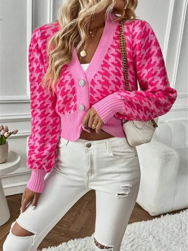 Blue Zone Planet | Houndstooth pattern lantern sleeve knitted cardigan sweater short coat BLUE ZONE PLANET