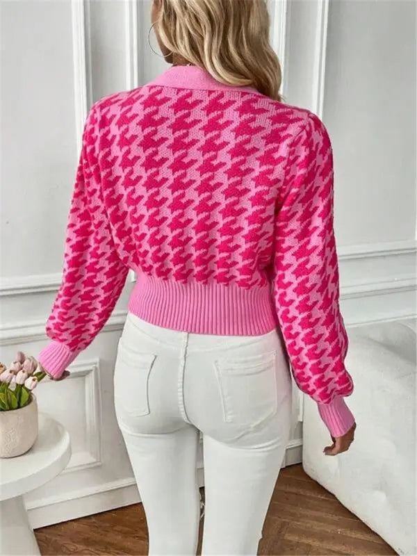 Blue Zone Planet | Houndstooth pattern lantern sleeve knitted cardigan sweater short coat BLUE ZONE PLANET