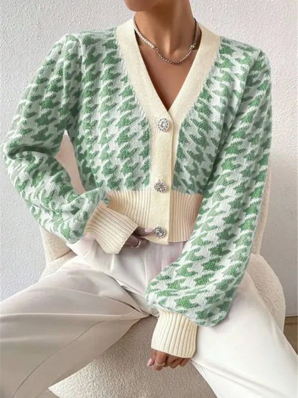 Blue Zone Planet | Houndstooth pattern lantern sleeve knitted cardigan sweater short coat BLUE ZONE PLANET