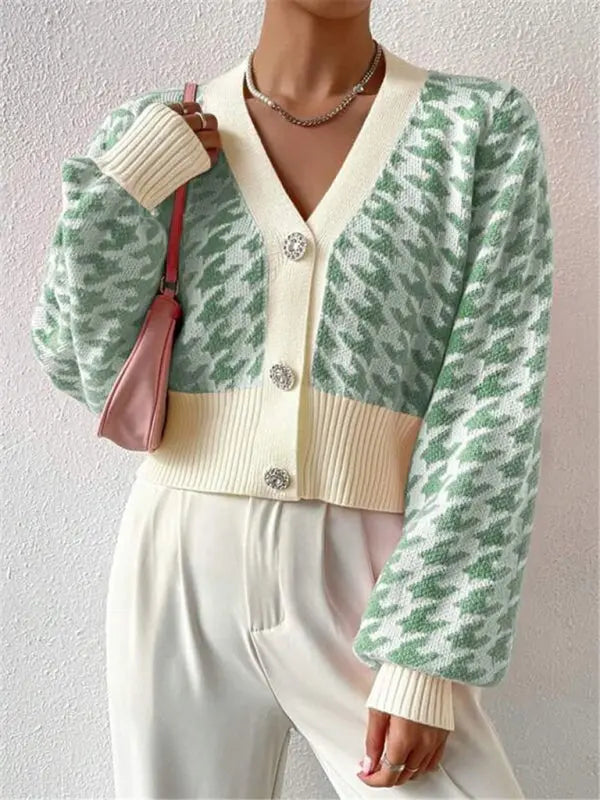 Blue Zone Planet | Houndstooth pattern lantern sleeve knitted cardigan sweater short coat BLUE ZONE PLANET