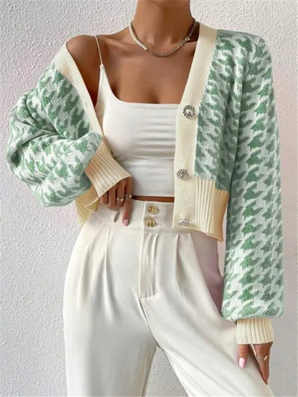 Blue Zone Planet | Houndstooth pattern lantern sleeve knitted cardigan sweater short coat BLUE ZONE PLANET