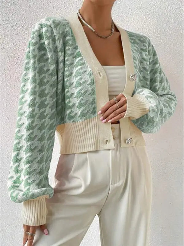 Blue Zone Planet | Houndstooth pattern lantern sleeve knitted cardigan sweater short coat BLUE ZONE PLANET