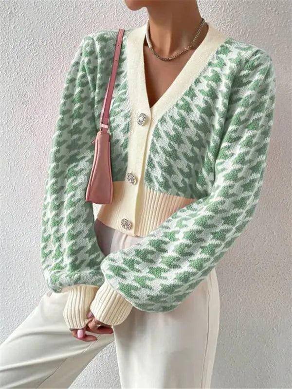 Blue Zone Planet | Houndstooth pattern lantern sleeve knitted cardigan sweater short coat BLUE ZONE PLANET
